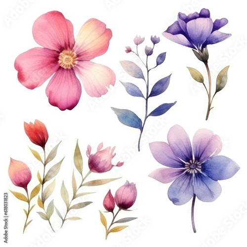 Watercolor flowers. Set Watercolor of multicolored colorful soft flowers. Flowers are isolated on a white background. Flowers pastel colors. 