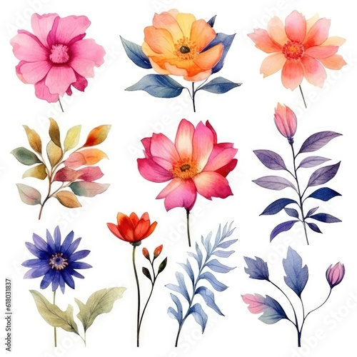 Watercolor flowers. Set Watercolor of multicolored colorful soft flowers. Flowers are isolated on a white background. Flowers pastel colors.  © Nikolai