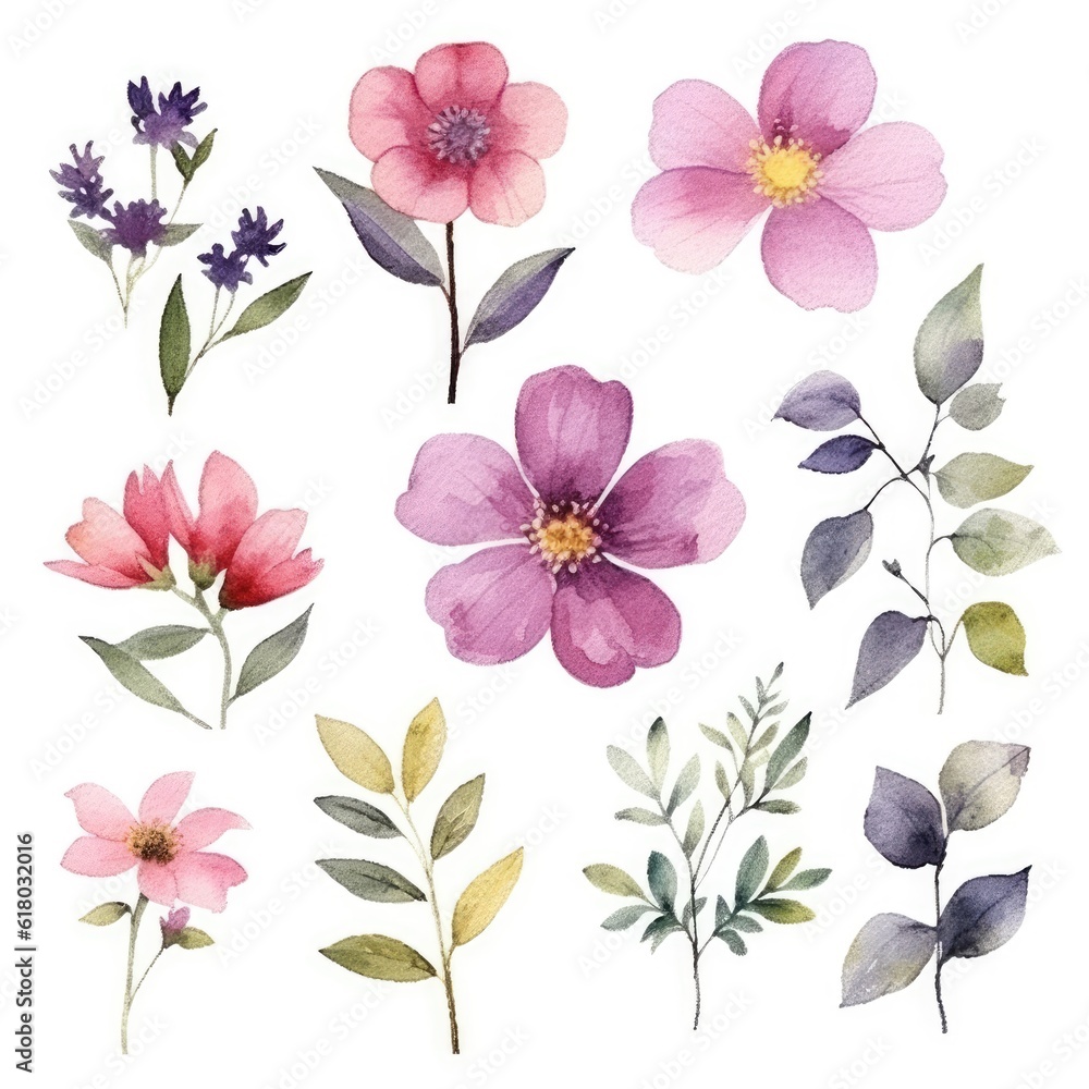Watercolor flowers. Set Watercolor of multicolored colorful soft flowers. Flowers are isolated on a white background. Flowers pastel colors