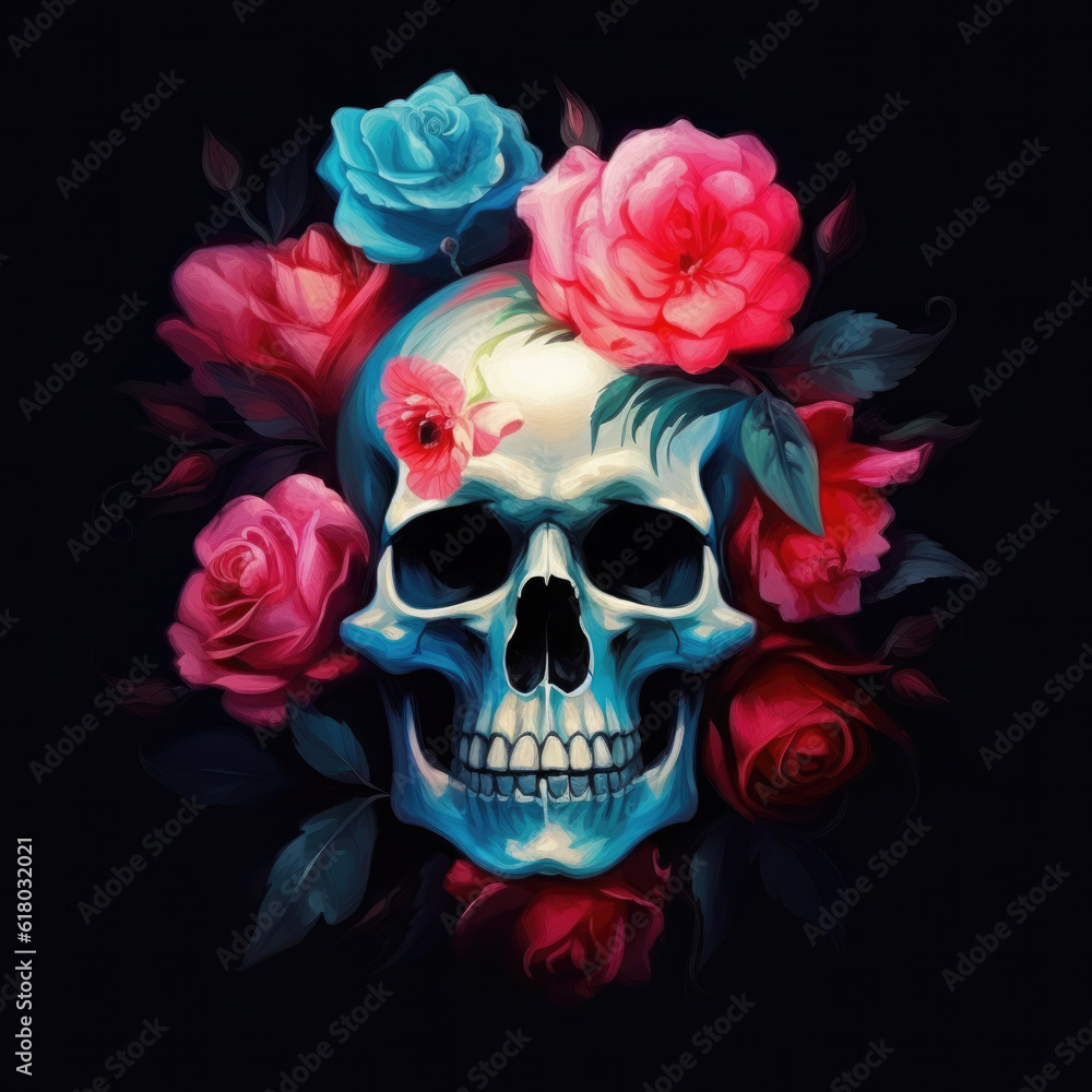 Skull and roses. Digital art. Generative AI. Skull and roses. Digital art. Generative AI.