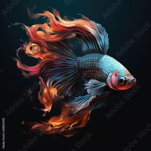 Siamese fighting fish on a black background. Digital art. Generative AI.