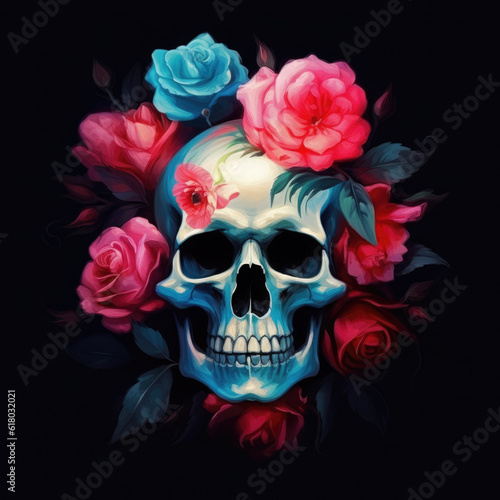 Skull and roses. Digital art. Generative AI.