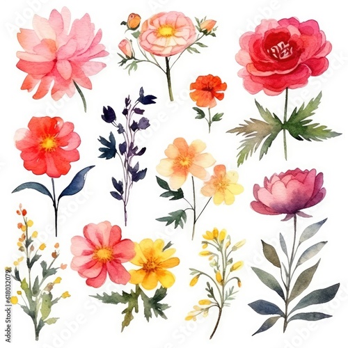 Watercolor flowers. Set Watercolor of multicolored colorful soft flowers. Flowers are isolated on a white background. Flowers pastel colors © Nikolai