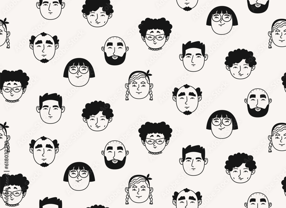 Seamless pattern with male and female portraits. Texture in doodle style. Seamless pattern with male and female portraits. Texture in doodle style.