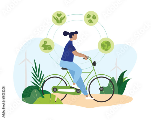 Female character is riding bicycle. Modern eco transport. Cyclist rides on terrain with windmills. Use of natural energy, care for environment. Usage of green transport