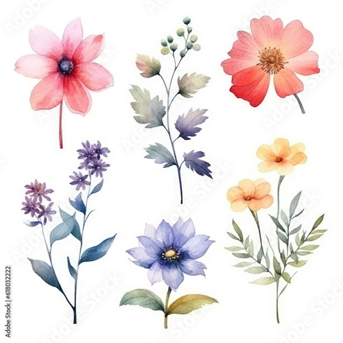 Watercolor flowers. Set Watercolor of multicolored colorful soft flowers. Flowers are isolated on a white background. Flowers pastel colors