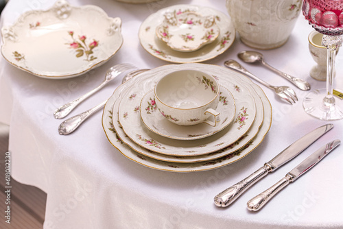 Classic rose collection. Rosenthal group germany vintage tea sets with embossed patterns and roses