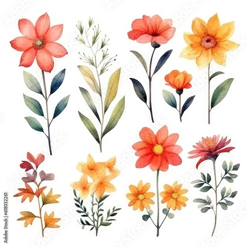 Watercolor flowers. Set Watercolor of multicolored colorful soft flowers. Flowers are isolated on a white background. Flowers pastel colors