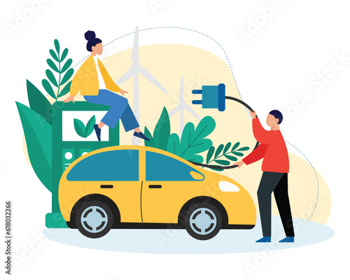 Couple arrived at car charging station. Man is preparing to connect electric car to electricity. Advantages of green energy. Eco friendly urban infrastructure and transport