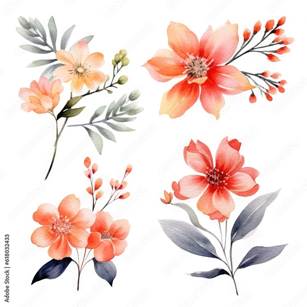 Watercolor flowers. Set Watercolor of multicolored colorful soft flowers. Flowers are isolated on a white background. Flowers pastel colors