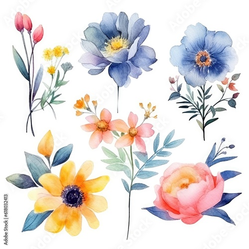 Watercolor flowers. Set Watercolor of multicolored colorful soft flowers. Flowers are isolated on a white background. Flowers pastel colors