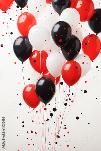 fliegende rote, schwarze und weiße Party Ballons mit Konfetti. Generative Ai.