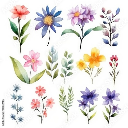 Watercolor flowers. Set Watercolor of multicolored colorful soft flowers. Flowers are isolated on a white background. Flowers pastel colors