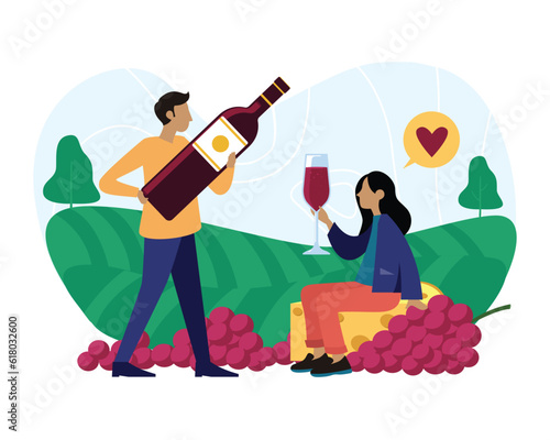 Wine made with love. Man and woman tasting red wine and cheese in nature. Tasting tours to vineyards. Cartoon characters of young people dealing with wine production
