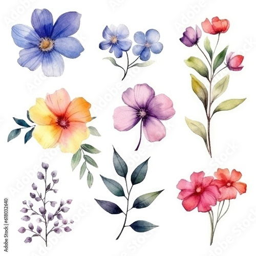 Watercolor flowers. Set Watercolor of multicolored colorful soft flowers. Flowers are isolated on a white background. Flowers pastel colors.