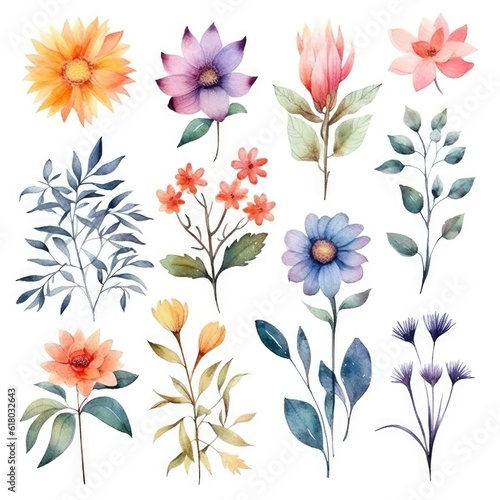 Watercolor flowers. Set Watercolor of multicolored colorful soft flowers. Flowers are isolated on a white background. Flowers pastel colors.