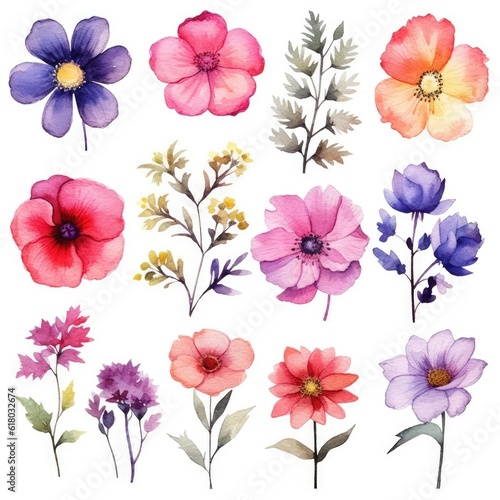 Watercolor flowers. Set Watercolor of multicolored colorful soft flowers. Flowers are isolated on a white background. Flowers pastel colors.