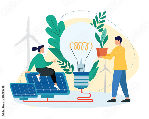 Couple uses solar panels to light house. Man takes care of plants. Light bulb is connected to solar panel. Cartoon characters using green energy sources