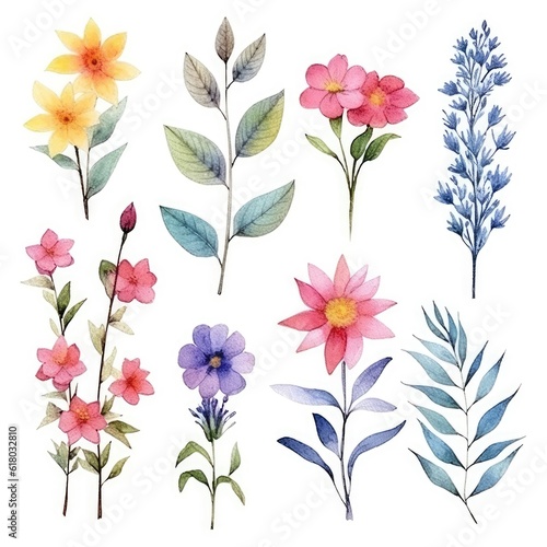 Watercolor flowers. Set Watercolor of multicolored colorful soft flowers. Flowers are isolated on a white background. Flowers pastel colors.