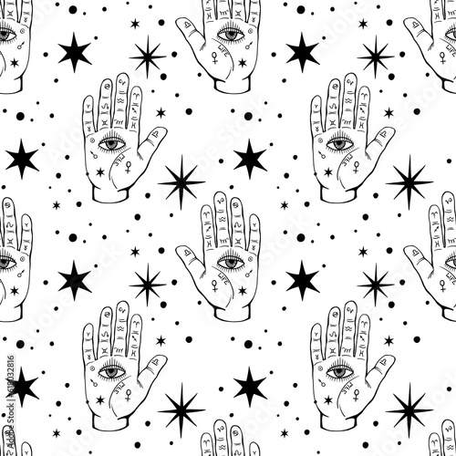 Magic seamless pattern. All-seeing eyes on the palms of the hand. Mystical background. Boho illustration for palmist, numerology and astrology. photo