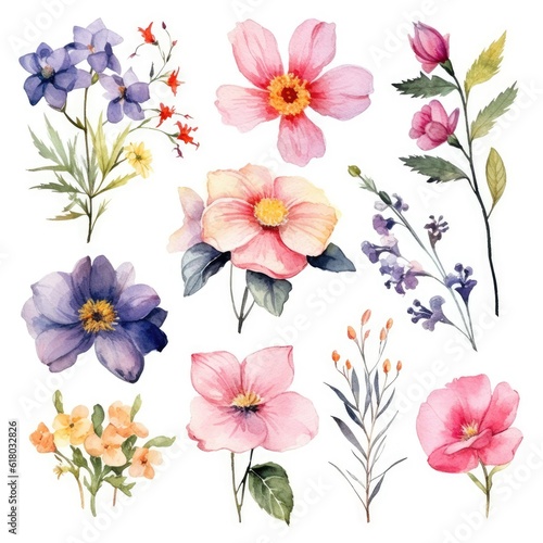 Wallpaper Mural Watercolor flowers. Set Watercolor of multicolored colorful soft flowers. Flowers are isolated on a white background. Flowers pastel colors. Torontodigital.ca