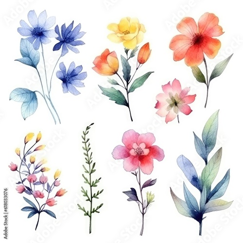 Watercolor flowers. Set Watercolor of multicolored colorful soft flowers. Flowers are isolated on a white background. Flowers pastel colors.