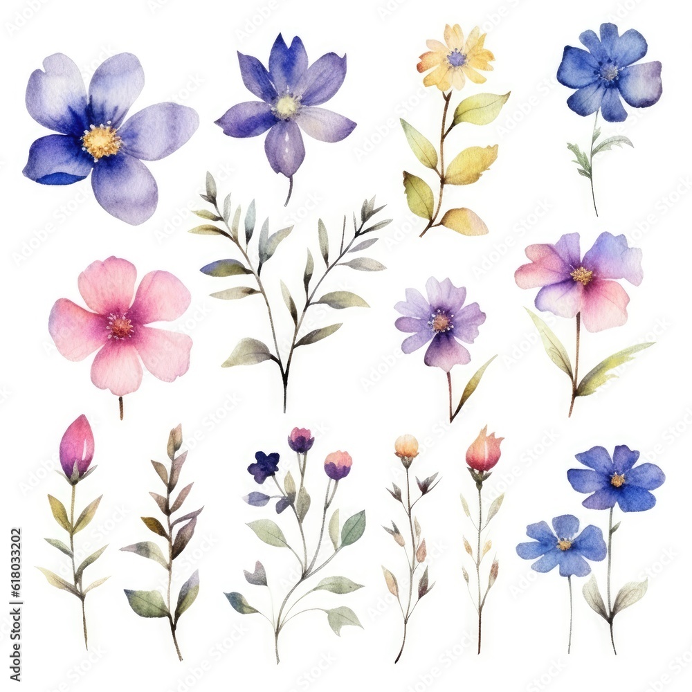 Watercolor flowers. Set Watercolor of multicolored colorful soft flowers. Flowers are isolated on a white background. Flowers pastel colors.