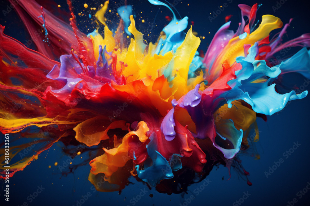 Obraz premium Photorealistic ai artwork of color splashes, paint, bright, liquid. Generative ai.