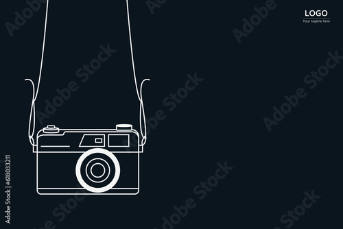 Line art illustration of a digital camera with a hanging rope on a blue background.