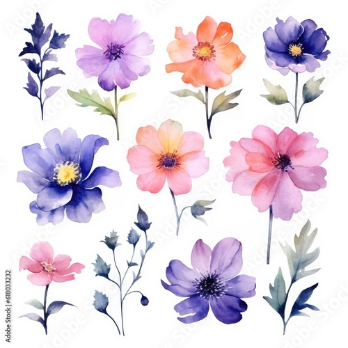 Watercolor flowers. Set Watercolor of multicolored colorful soft flowers. Flowers are isolated on a white background. Flowers pastel colors.