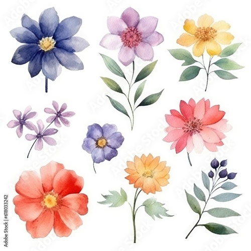 Watercolor flowers. Set Watercolor of multicolored colorful soft flowers. Flowers are isolated on a white background. Flowers pastel colors.