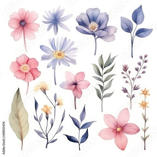 Watercolor flowers. Set Watercolor of multicolored colorful soft flowers. Flowers are isolated on a white background. Flowers pastel colors.