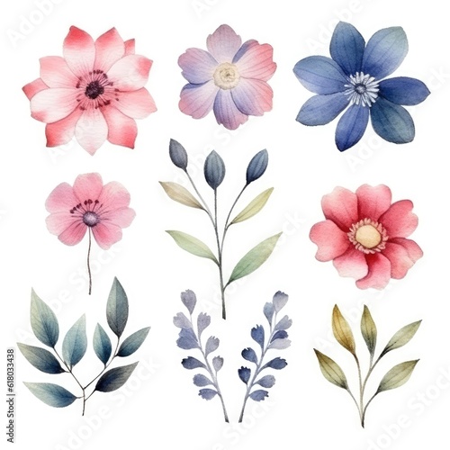 Watercolor flowers. Set Watercolor of multicolored colorful soft flowers. Flowers are isolated on a white background. Flowers pastel colors.