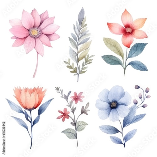 Watercolor flowers. Set Watercolor of multicolored colorful soft flowers. Flowers are isolated on a white background. Flowers pastel colors.