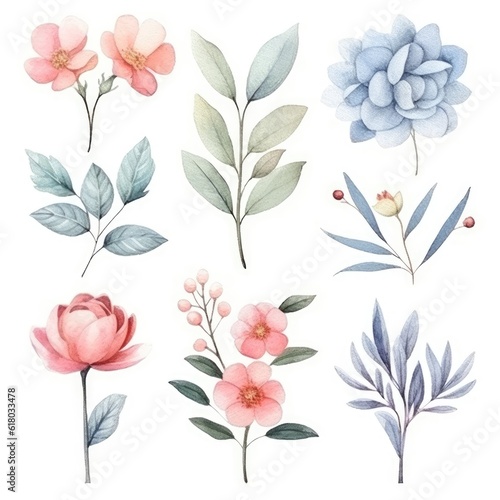 Watercolor flowers. Set Watercolor of multicolored colorful soft flowers. Flowers are isolated on a white background. Flowers pastel colors.