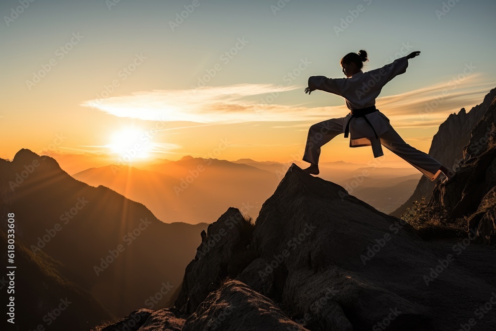 Woman practicing martial arts on the top of a mountain. Generative AI