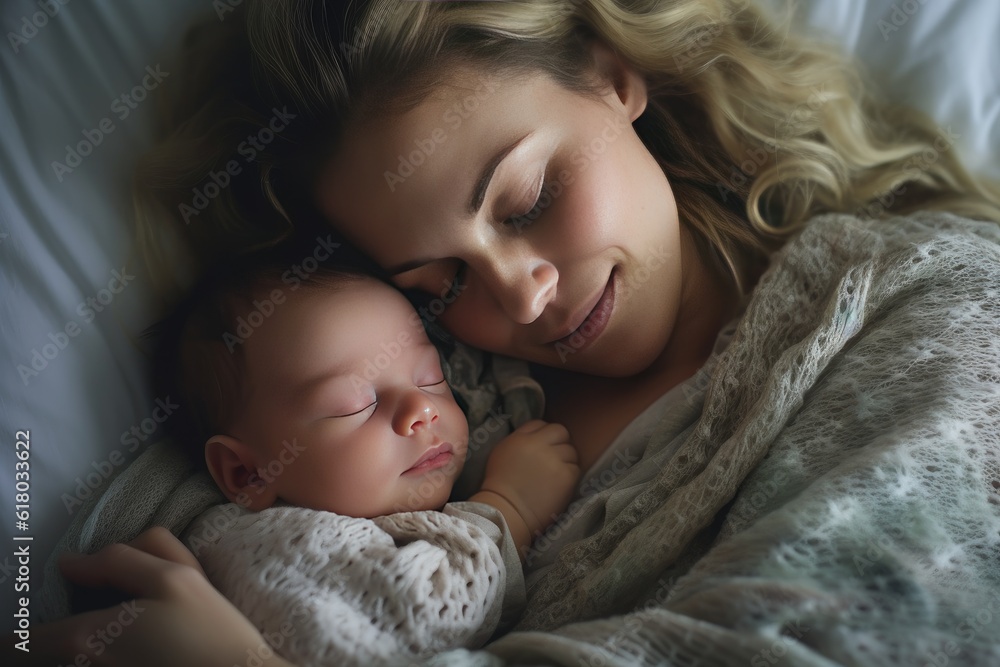Woman slip with adorable baby wrapped in blanket. Generative AI Woman slip with adorable baby wrapped in blanket. Generative AI