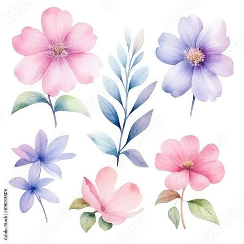 Watercolor flowers. Set Watercolor of multicolored colorful soft flowers. Flowers are isolated on a white background. Flowers pastel colors. © Nikolai