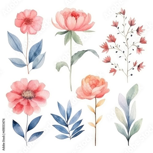 Watercolor flowers. Set Watercolor of multicolored colorful soft flowers. Flowers are isolated on a white background. Flowers pastel colors. generative ai