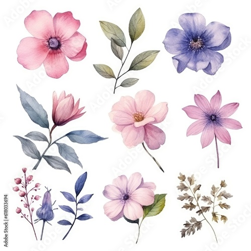 Watercolor flowers. Set Watercolor of multicolored colorful soft flowers. Flowers are isolated on a white background. Flowers pastel colors. generative ai