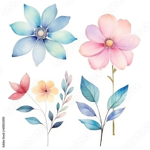 Watercolor flowers. Set Watercolor of multicolored colorful soft flowers. Flowers are isolated on a white background. Flowers pastel colors. generative ai