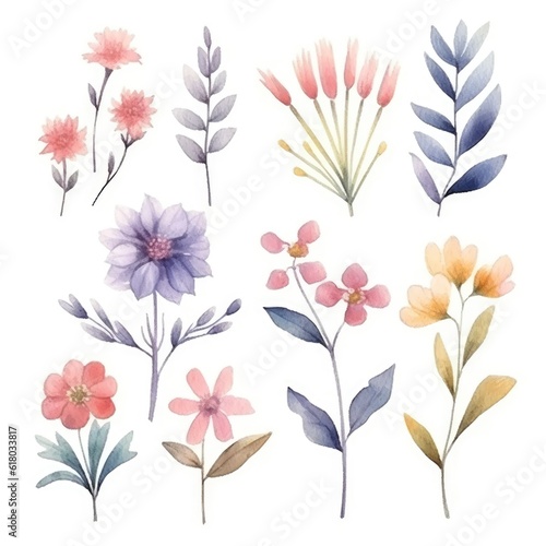 Watercolor flowers. Set Watercolor of multicolored colorful soft flowers. Flowers are isolated on a white background. Flowers pastel colors. generative ai