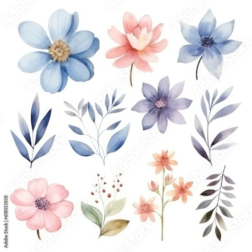 Watercolor flowers. Set Watercolor of multicolored colorful soft flowers. Flowers are isolated on a white background. Flowers pastel colors. generative ai