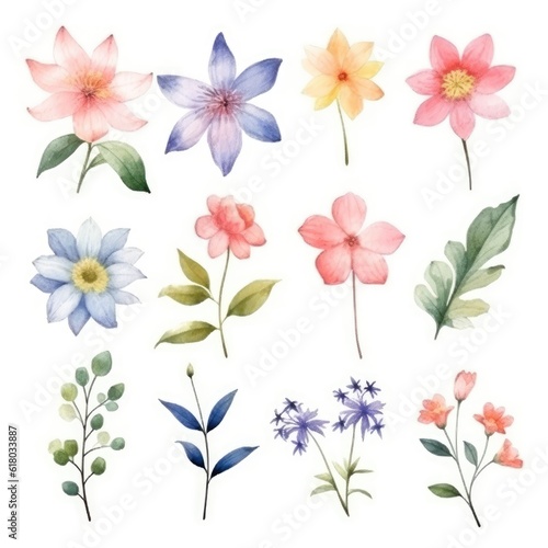 Watercolor flowers. Set Watercolor of multicolored colorful soft flowers. Flowers are isolated on a white background. Flowers pastel colors. generative ai