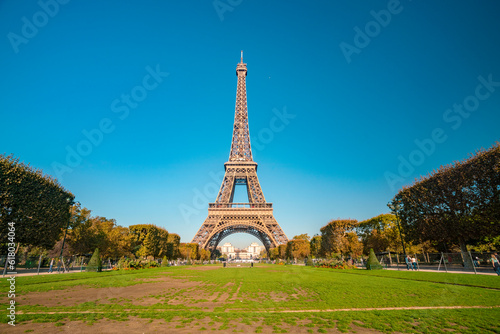 View of Eiffel tower with blue sky, Paris, France