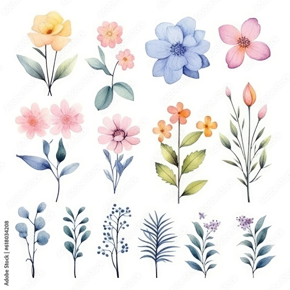 Watercolor flowers. Set Watercolor of multicolored colorful soft flowers. Flowers are isolated on a white background. Flowers pastel colors. generative ai