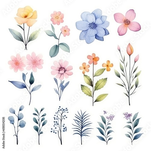 Watercolor flowers. Set Watercolor of multicolored colorful soft flowers. Flowers are isolated on a white background. Flowers pastel colors. generative ai © Nikolai