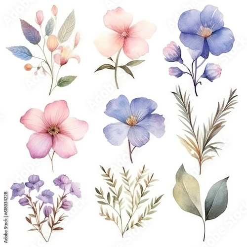 Watercolor flowers. Set Watercolor of multicolored colorful soft flowers. Flowers are isolated on a white background. Flowers pastel colors. generative ai