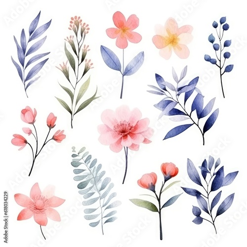 Watercolor flowers. Set Watercolor of multicolored colorful soft flowers. Flowers are isolated on a white background. Flowers pastel colors. generative ai