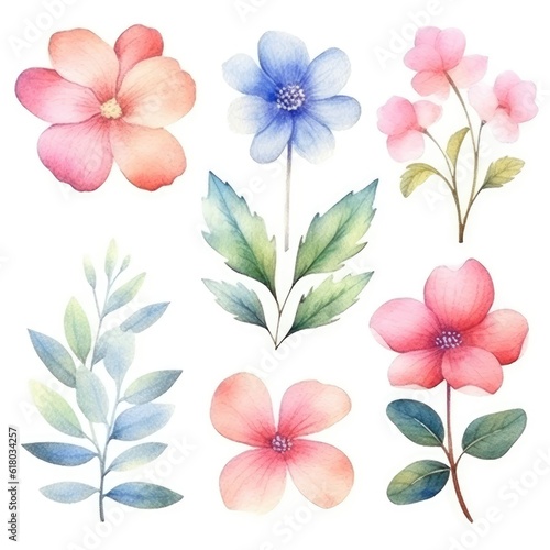 Watercolor flowers. Set Watercolor of multicolored colorful soft flowers. Flowers are isolated on a white background. Flowers pastel colors. generative ai